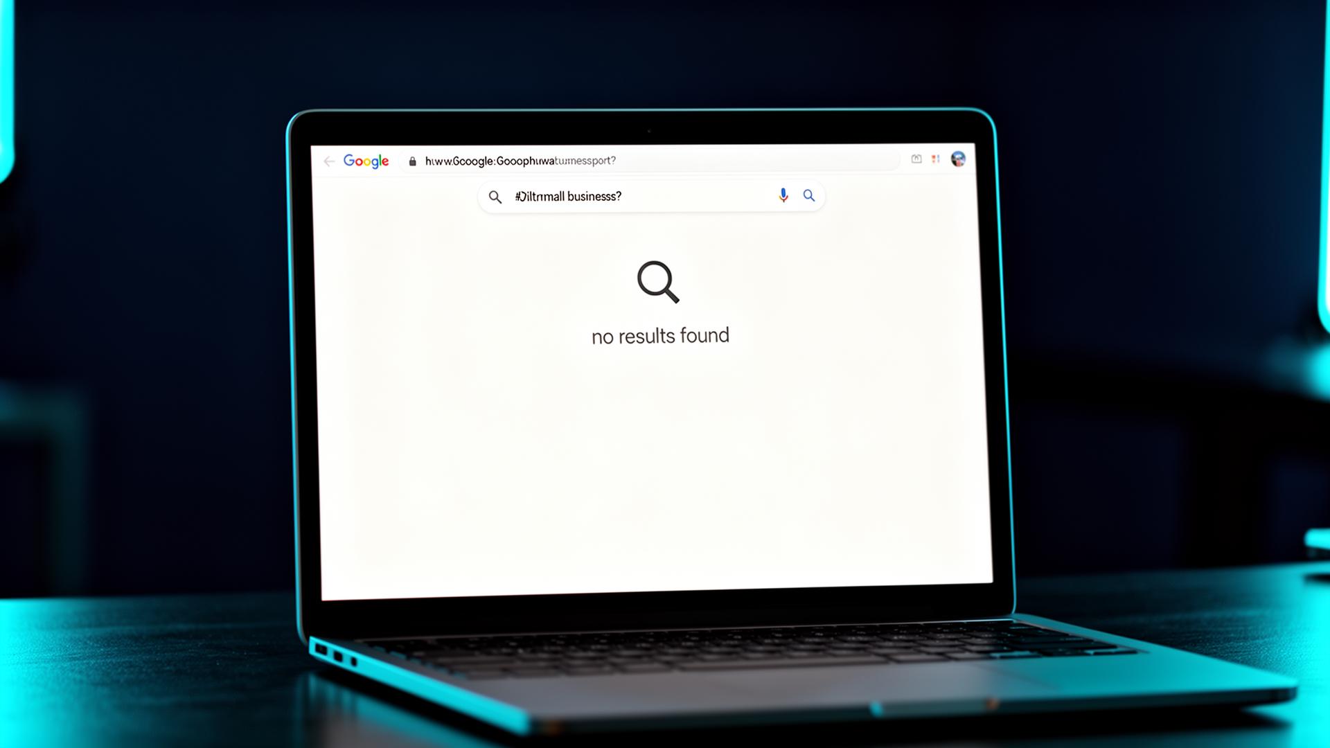 A laptop showing a Google search results page with no results found