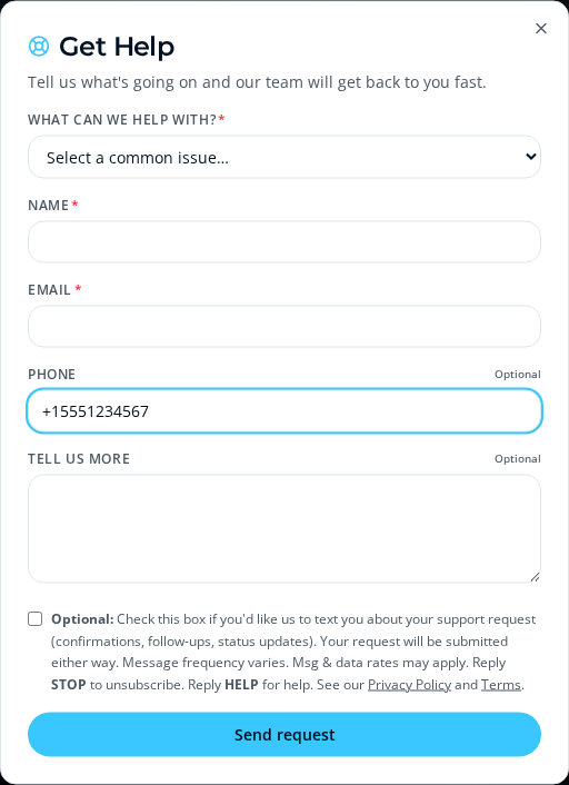 Screenshot of the ayudaconnect Get Help support modal showing the optional SMS consent checkbox with STOP/HELP disclosure below the phone number field.
